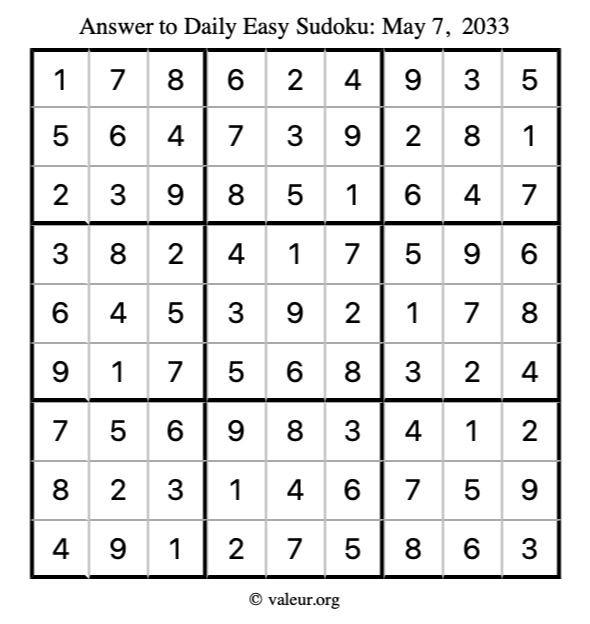 Answer to easy sudoku May 7, 2033