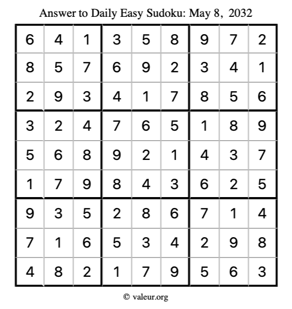 Answer to easy sudoku May 8, 2032