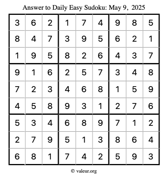 Answer to easy sudoku May 9, 2025