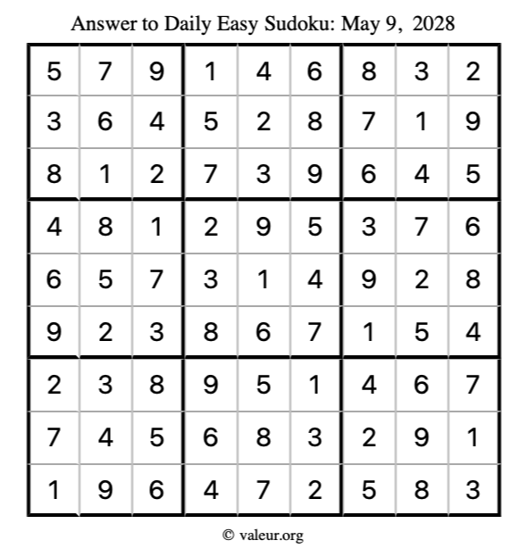Answer to easy sudoku May 9, 2028