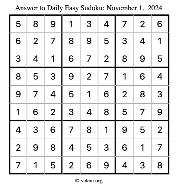 Answer to easy sudoku November 1, 2024