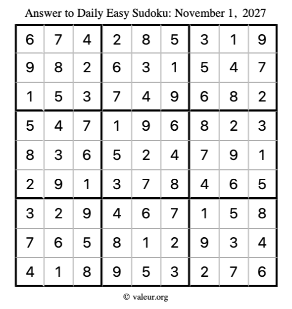 Answer to easy sudoku November 1, 2027