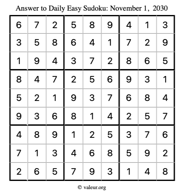 Answer to easy sudoku November 1, 2030