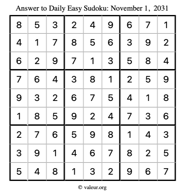 Answer to easy sudoku November 1, 2031