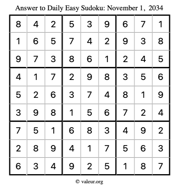 Answer to easy sudoku November 1, 2034