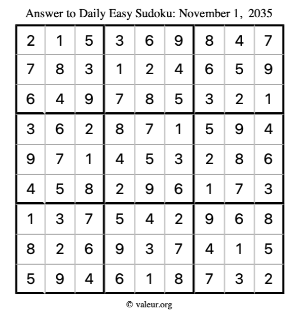 Answer to easy sudoku November 1, 2035