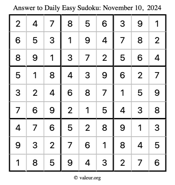 Answer to easy sudoku November 10, 2024