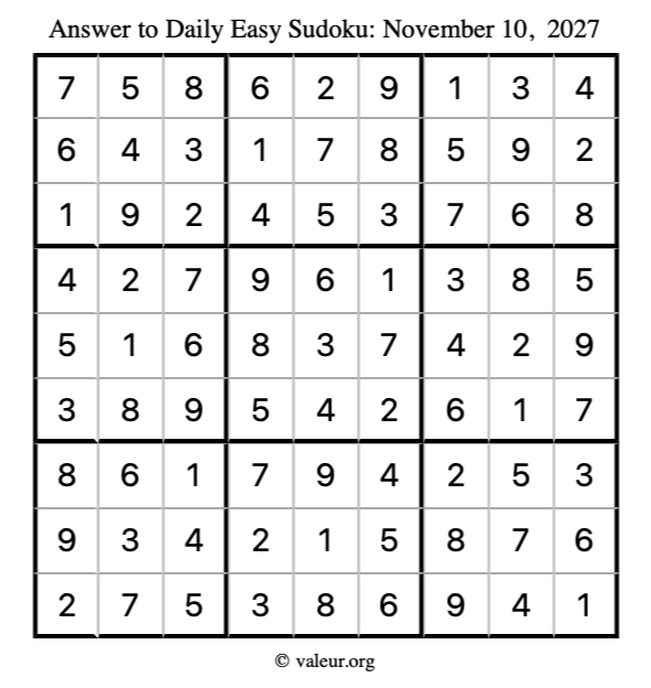 Answer to easy sudoku November 10, 2027