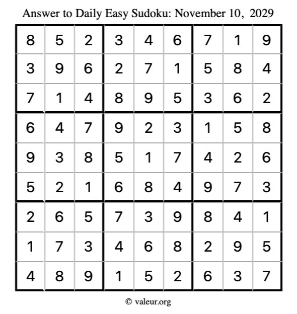 Answer to easy sudoku November 10, 2029