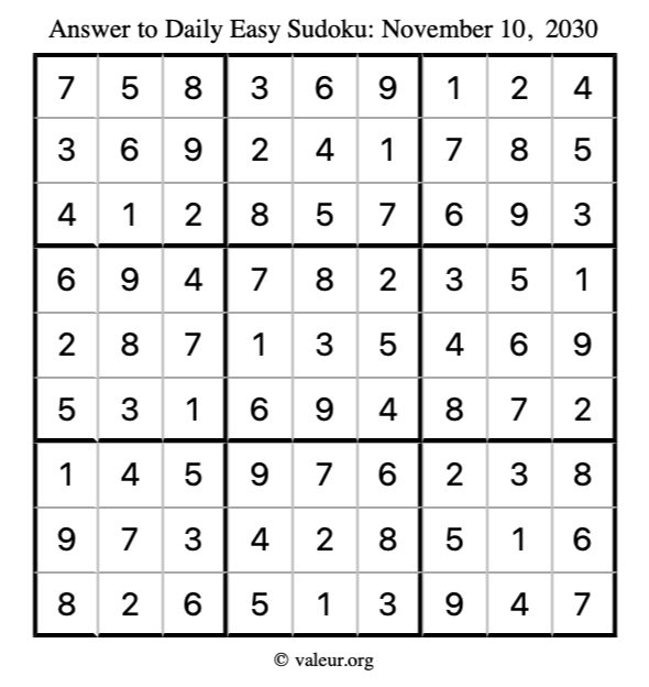 Answer to easy sudoku November 10, 2030