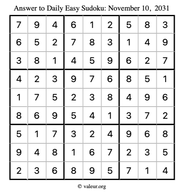 Answer to easy sudoku November 10, 2031