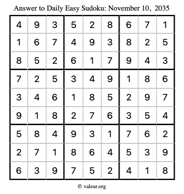 Answer to easy sudoku November 10, 2035