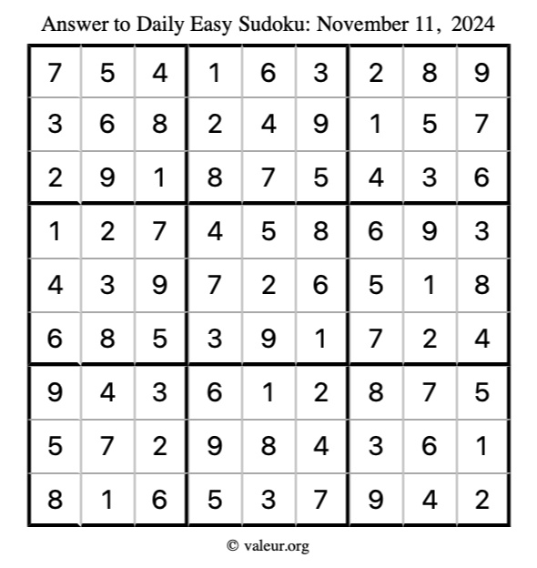 Answer to easy sudoku November 11, 2024