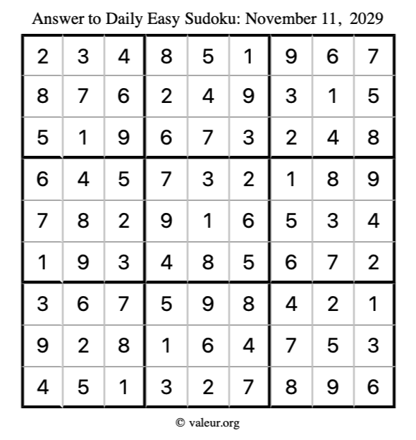 Answer to easy sudoku November 11, 2029