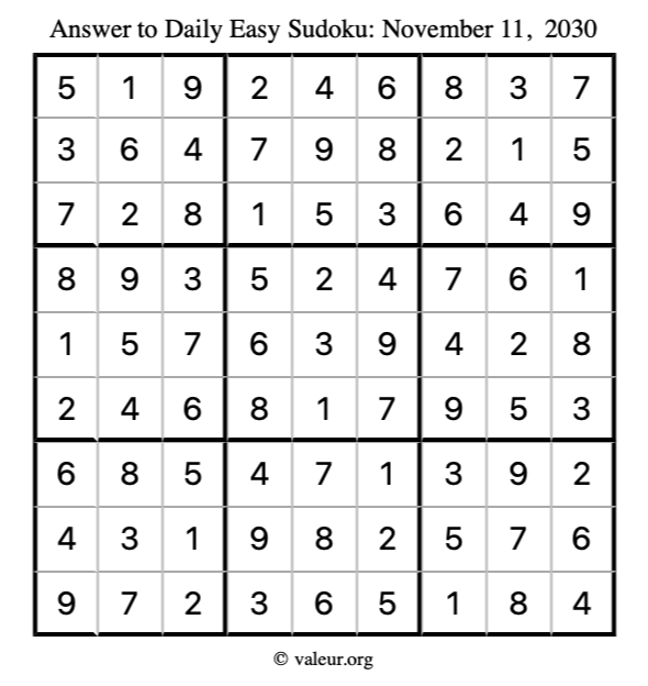 Answer to easy sudoku November 11, 2030