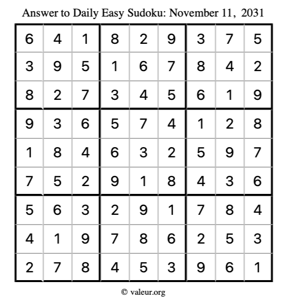 Answer to easy sudoku November 11, 2031