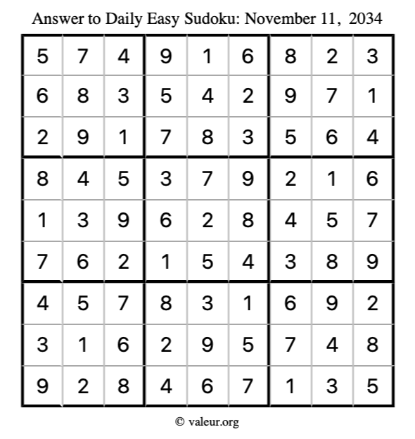 Answer to easy sudoku November 11, 2034