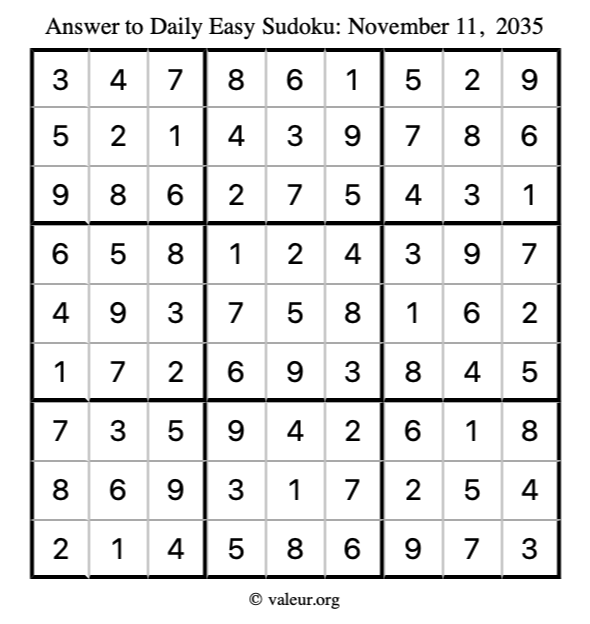 Answer to easy sudoku November 11, 2035