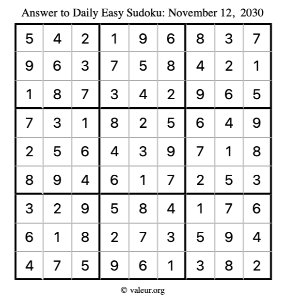 Answer to easy sudoku November 12, 2030
