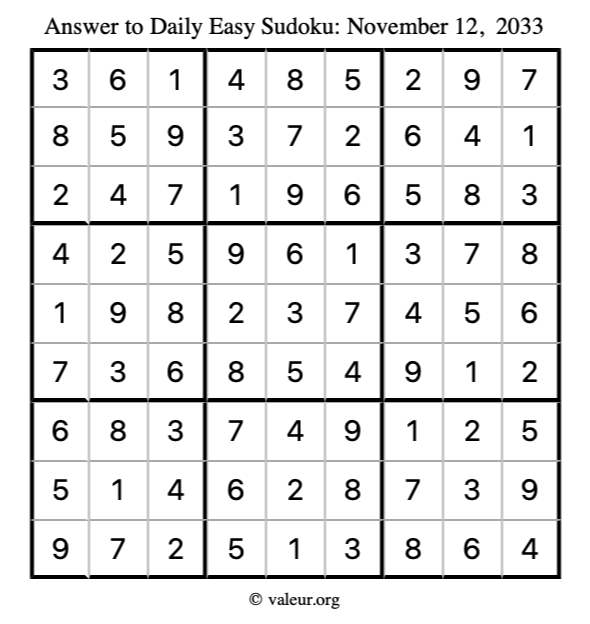 Answer to easy sudoku November 12, 2033