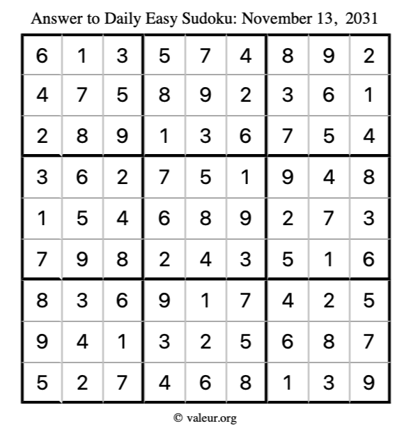 Answer to easy sudoku November 13, 2031