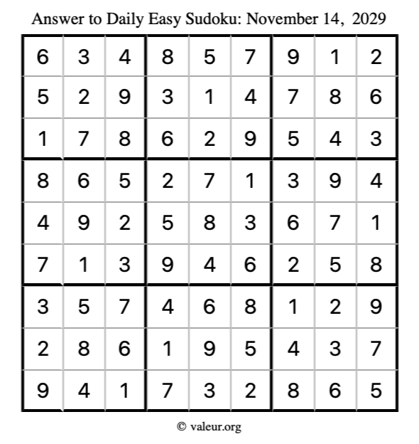Answer to easy sudoku November 14, 2029