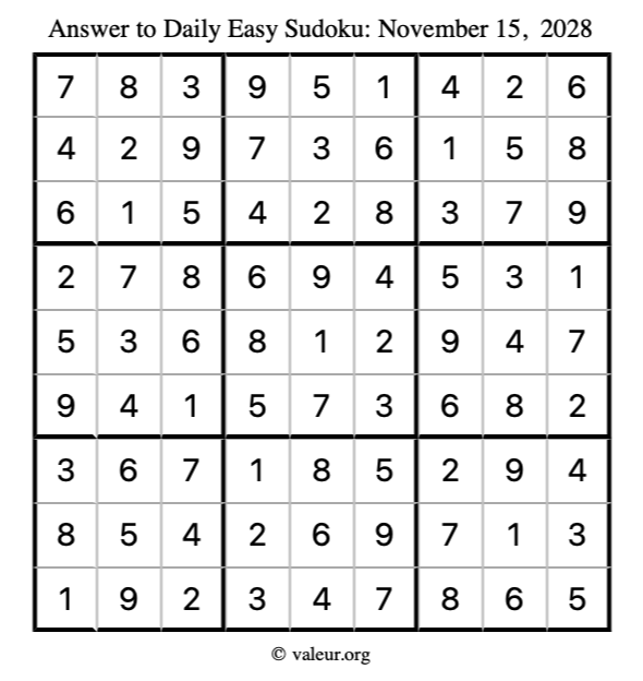 Answer to easy sudoku November 15, 2028