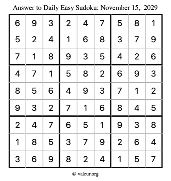 Answer to easy sudoku November 15, 2029