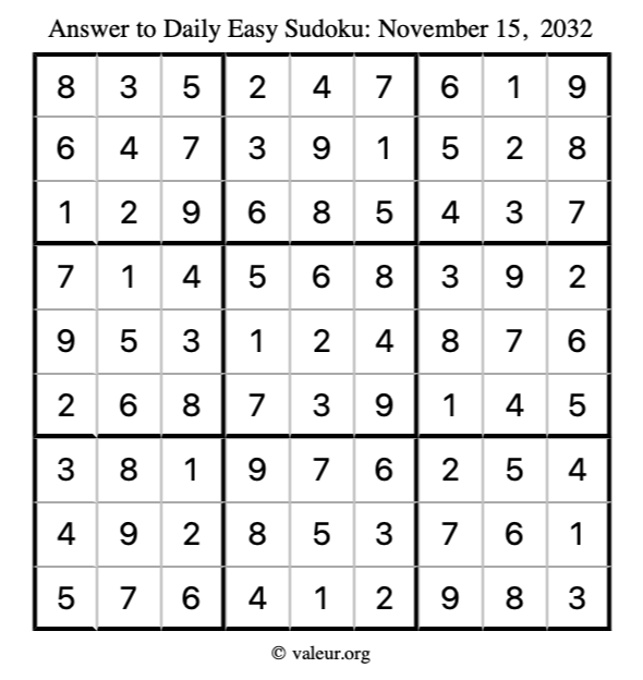 Answer to easy sudoku November 15, 2032