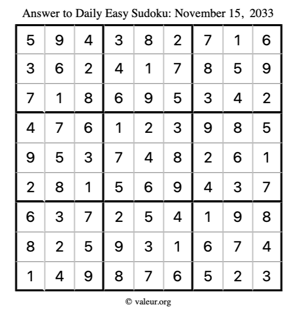Answer to easy sudoku November 15, 2033