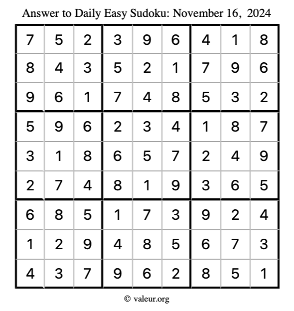 Answer to easy sudoku November 16, 2024
