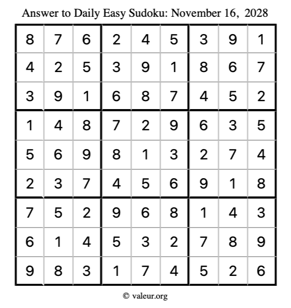 Answer to easy sudoku November 16, 2028