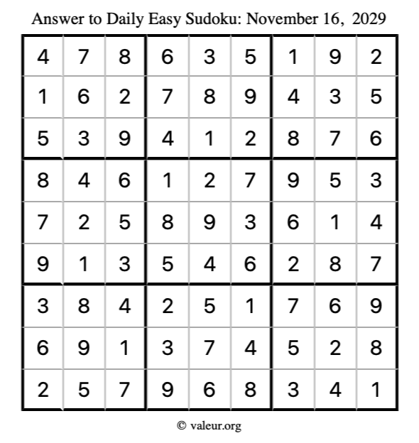 Answer to easy sudoku November 16, 2029