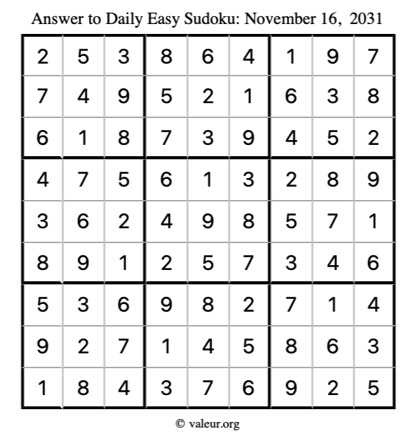 Answer to easy sudoku November 16, 2031