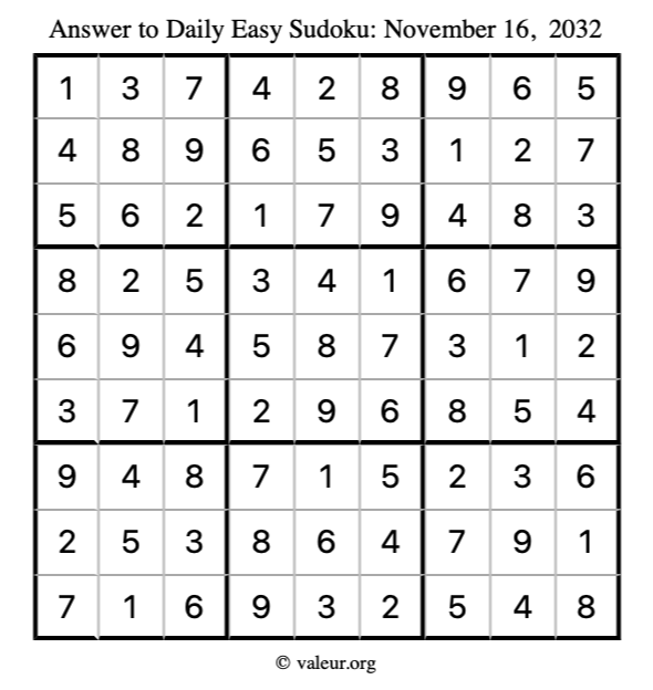 Answer to easy sudoku November 16, 2032
