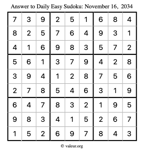 Answer to easy sudoku November 16, 2034
