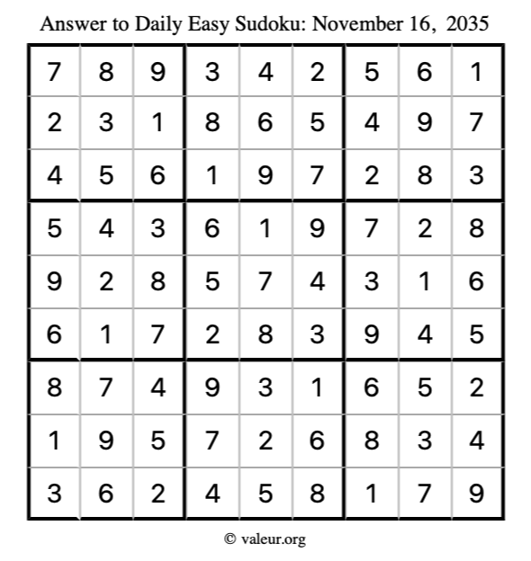 Answer to easy sudoku November 16, 2035