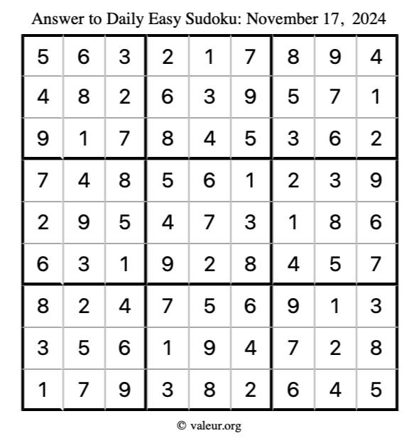Answer to easy sudoku November 17, 2024
