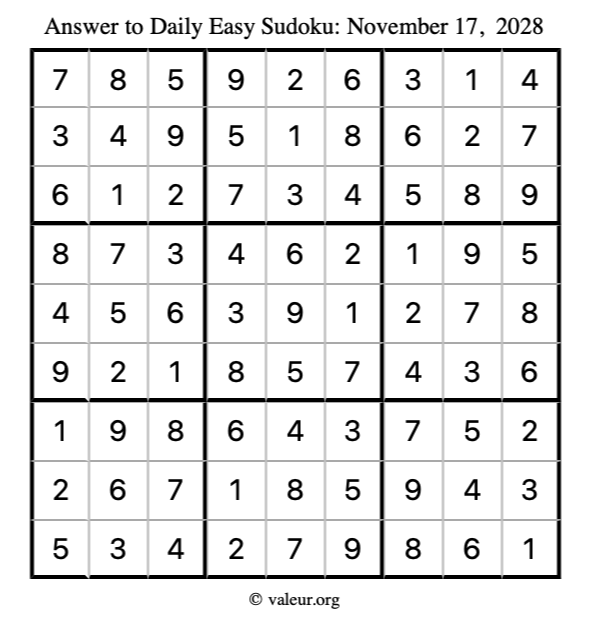 Answer to easy sudoku November 17, 2028