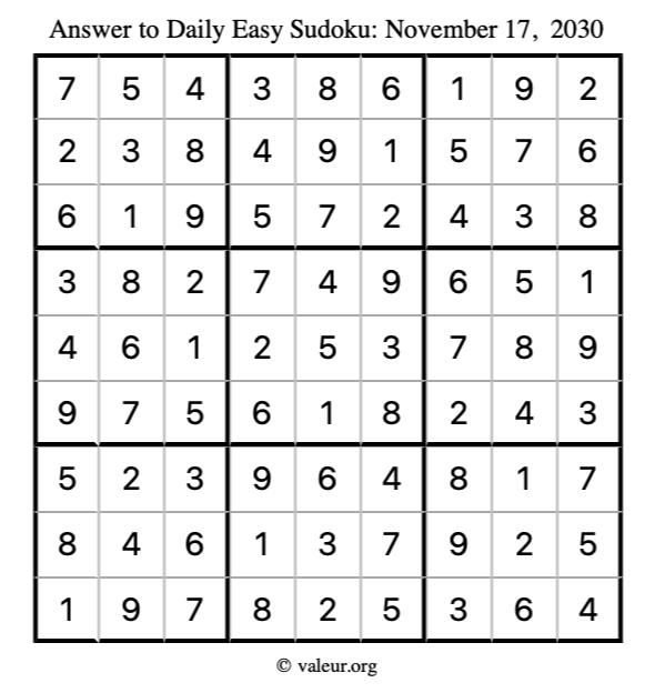 Answer to easy sudoku November 17, 2030