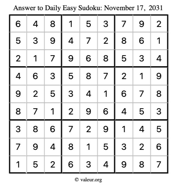 Answer to easy sudoku November 17, 2031