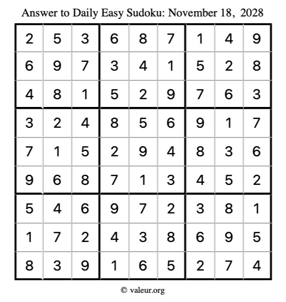 Answer to easy sudoku November 18, 2028