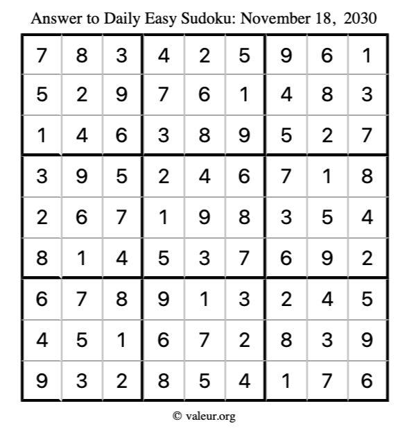 Answer to easy sudoku November 18, 2030