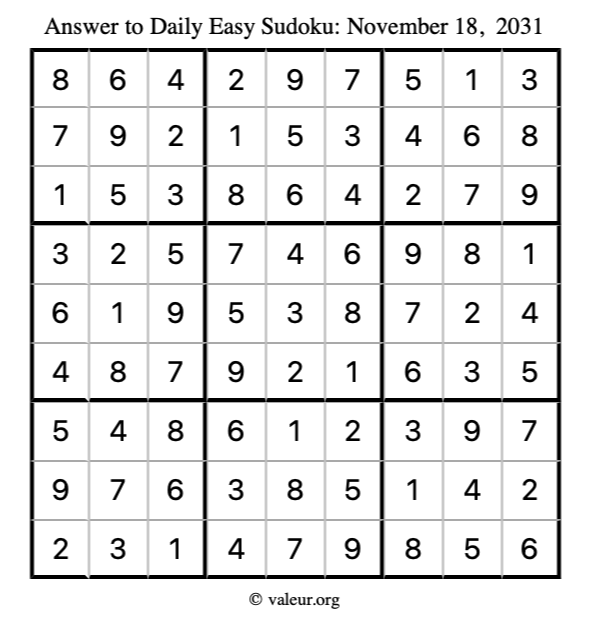 Answer to easy sudoku November 18, 2031