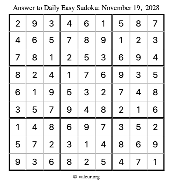 Answer to easy sudoku November 19, 2028
