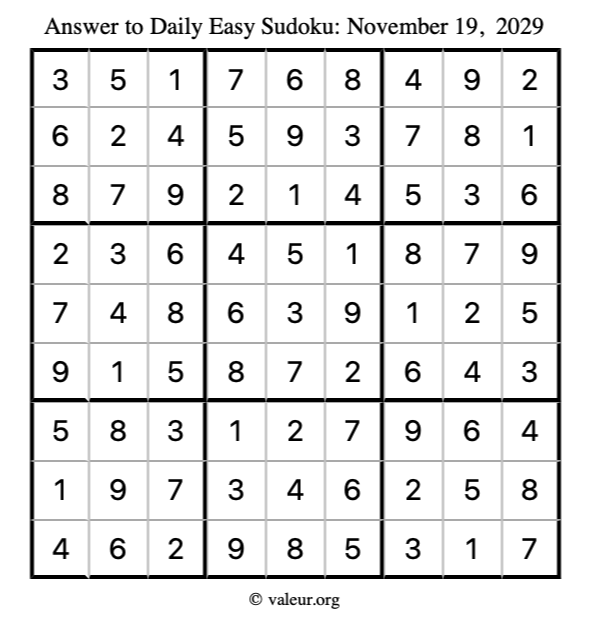 Answer to easy sudoku November 19, 2029