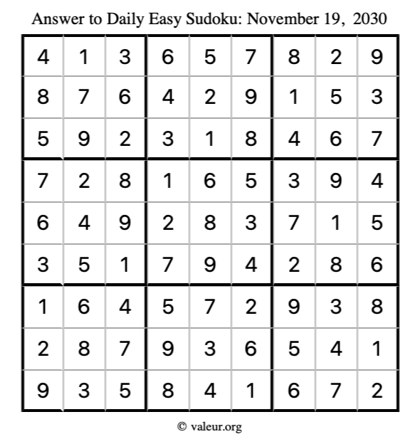 Answer to easy sudoku November 19, 2030