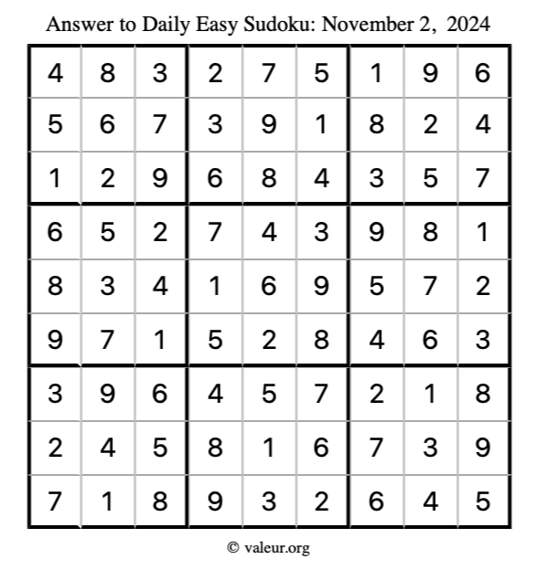 Answer to easy sudoku November 2, 2024