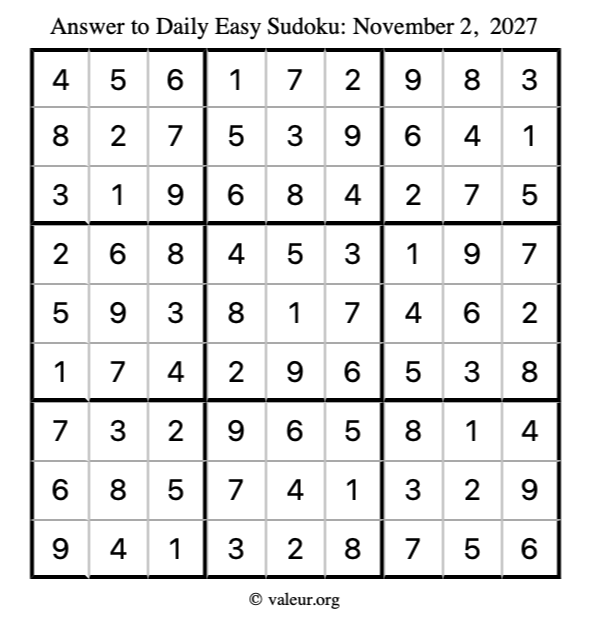 Answer to easy sudoku November 2, 2027