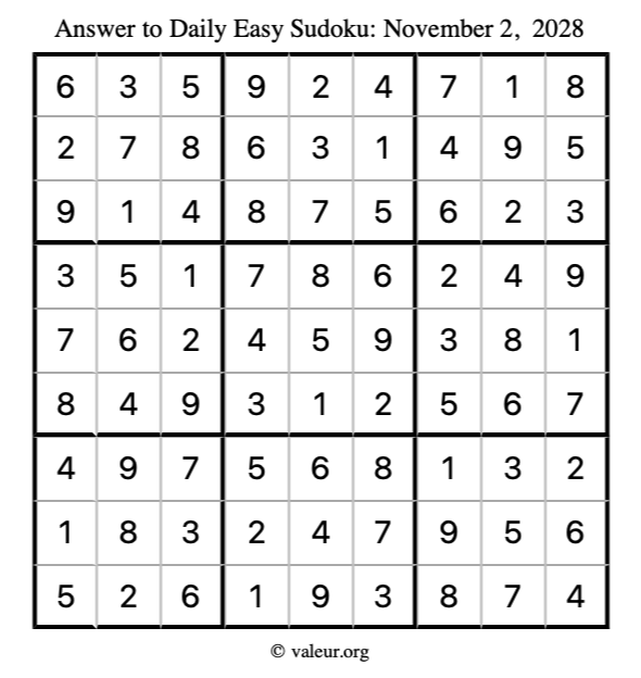 Answer to easy sudoku November 2, 2028
